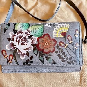 ANUSCHKA hand painted grey crossbody credit/checkbook/change leather wallet NWOT